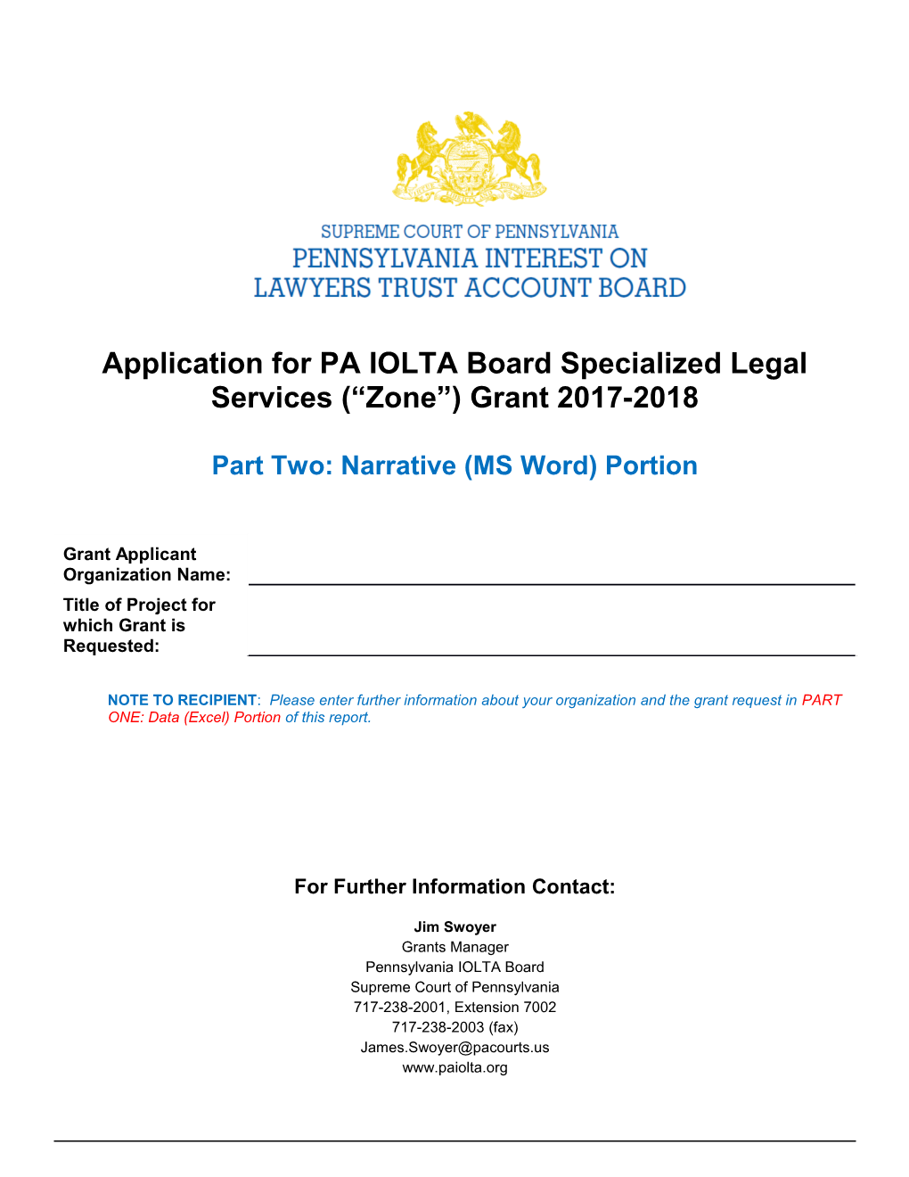 Application for PA IOLTA Board Specialized Legal Services ( Zone ) Grant 2017-2018