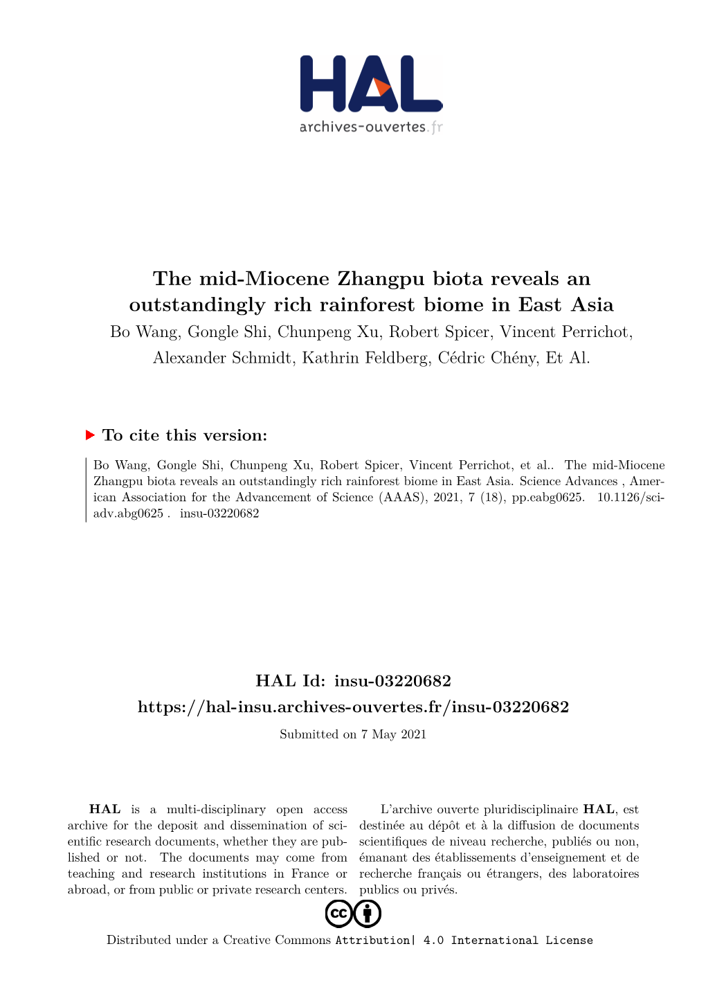 The Mid-Miocene Zhangpu Biota Reveals An