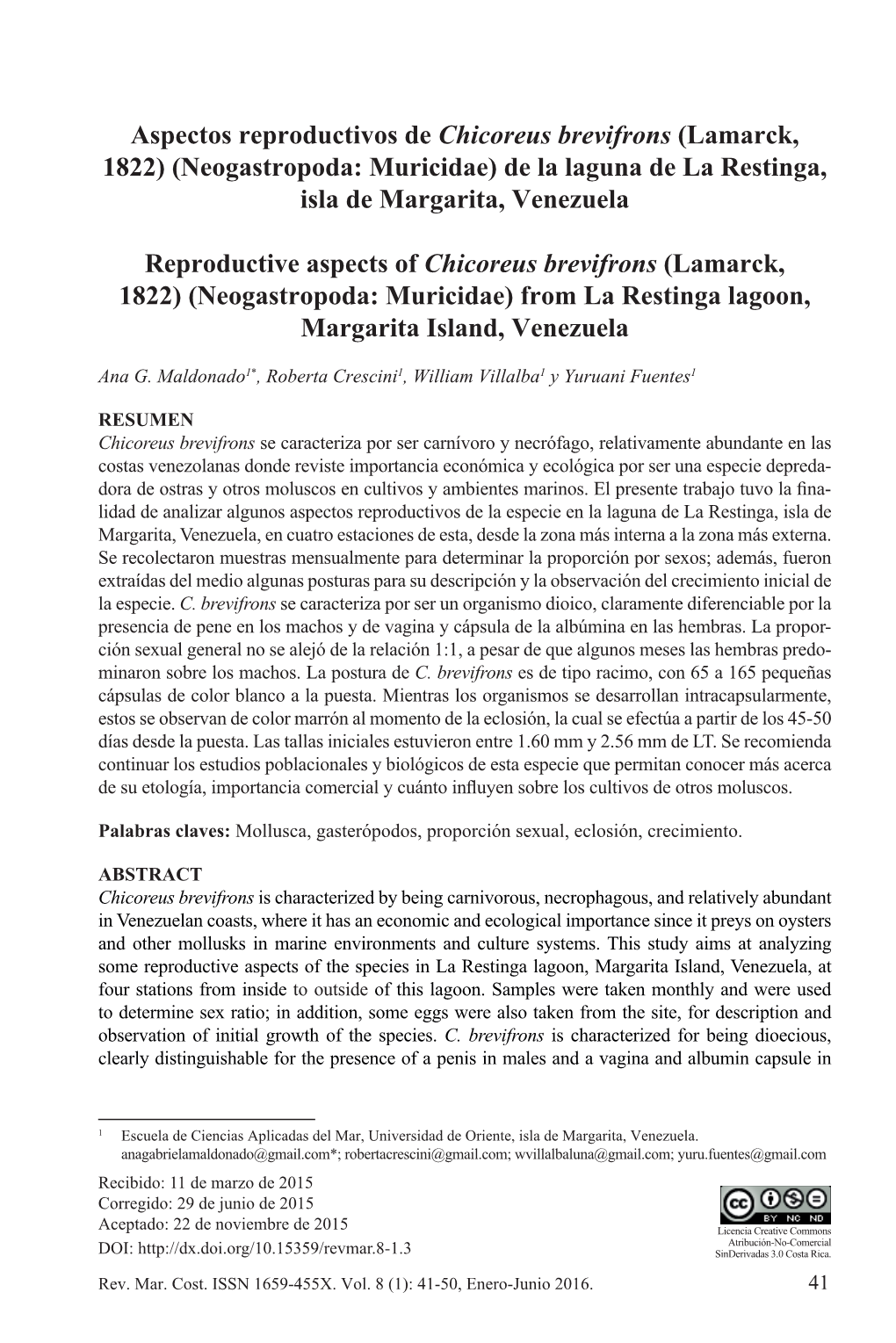 Aspectos Reproductivos De Chicoreus Brevifrons (Lamarck, 1822) (Neogastropoda: Muricidae) De La Laguna De La Restinga, Isla De Margarita, Venezuela