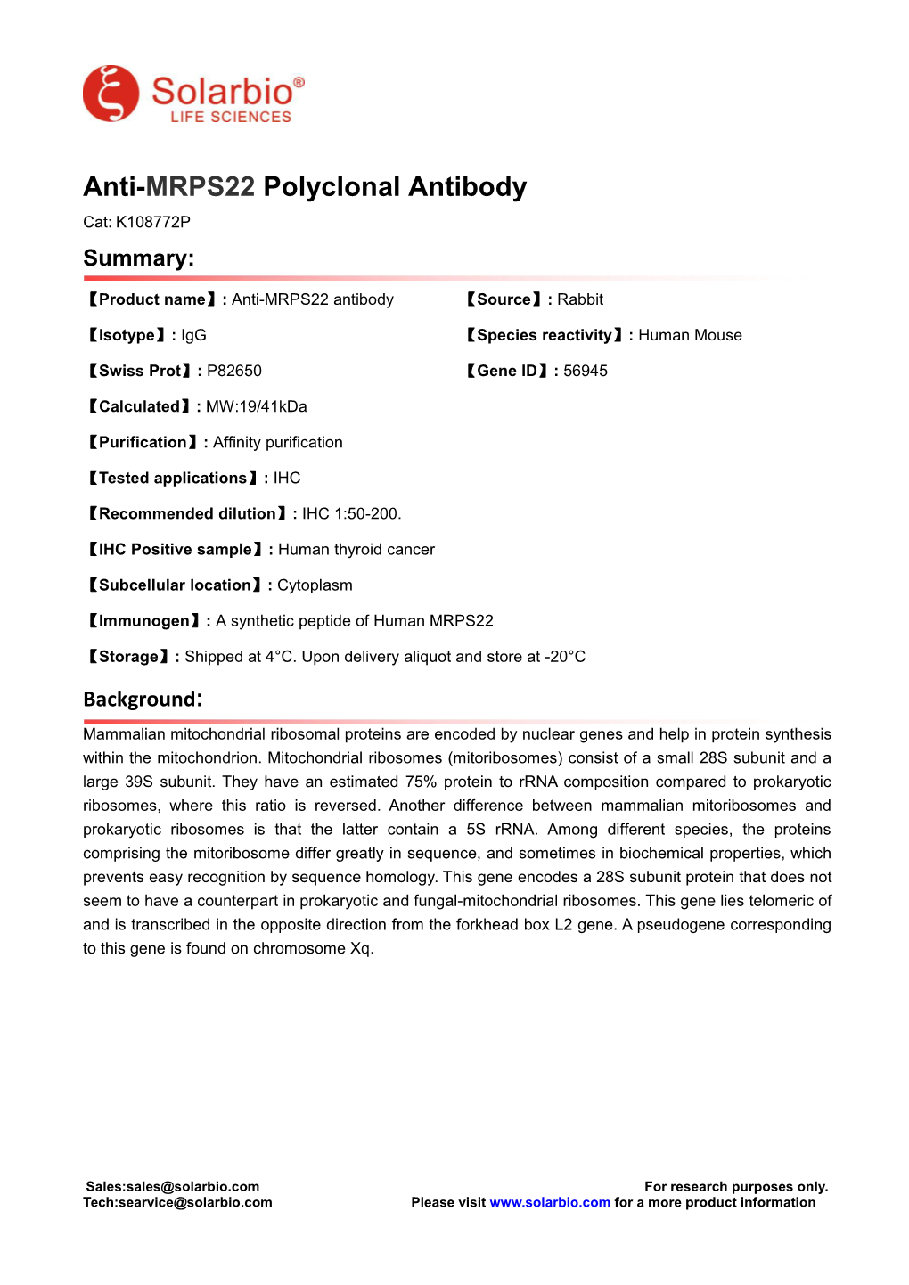 Anti-MRPS22 Polyclonal Antibody Cat: K108772P Summary