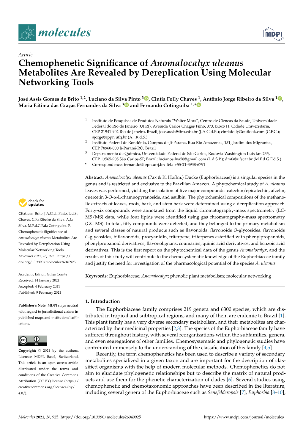 Chemophenetic Significance of Anomalocalyx Uleanus Metabolites