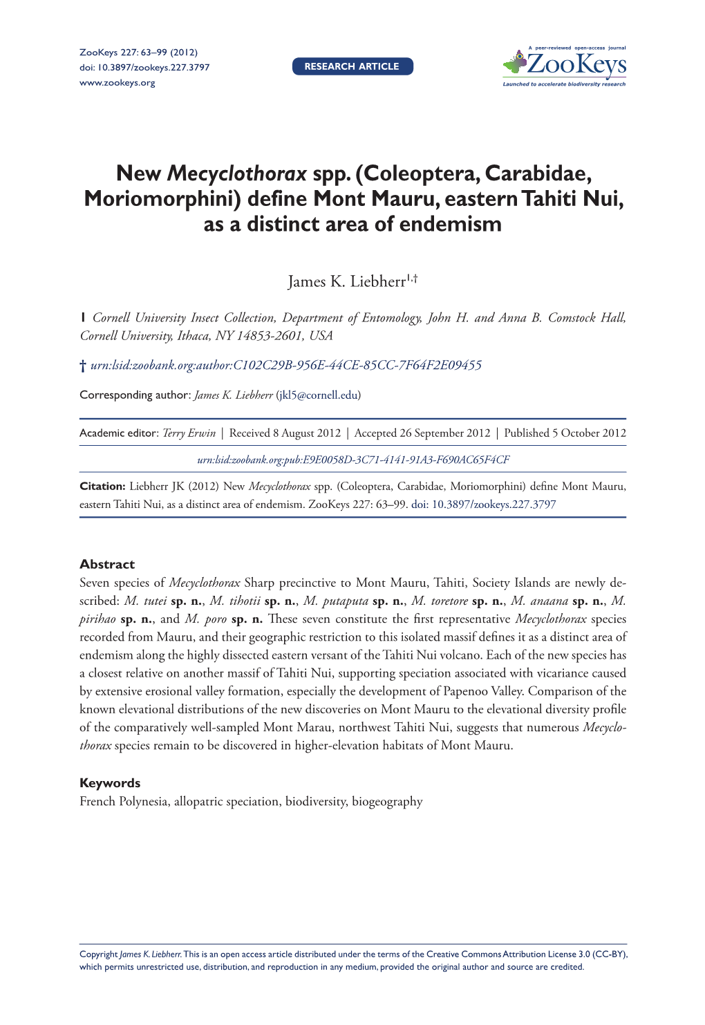 Define Mont Mauru, Eastern Tahiti Nui, As a Distinct Area of Endemism