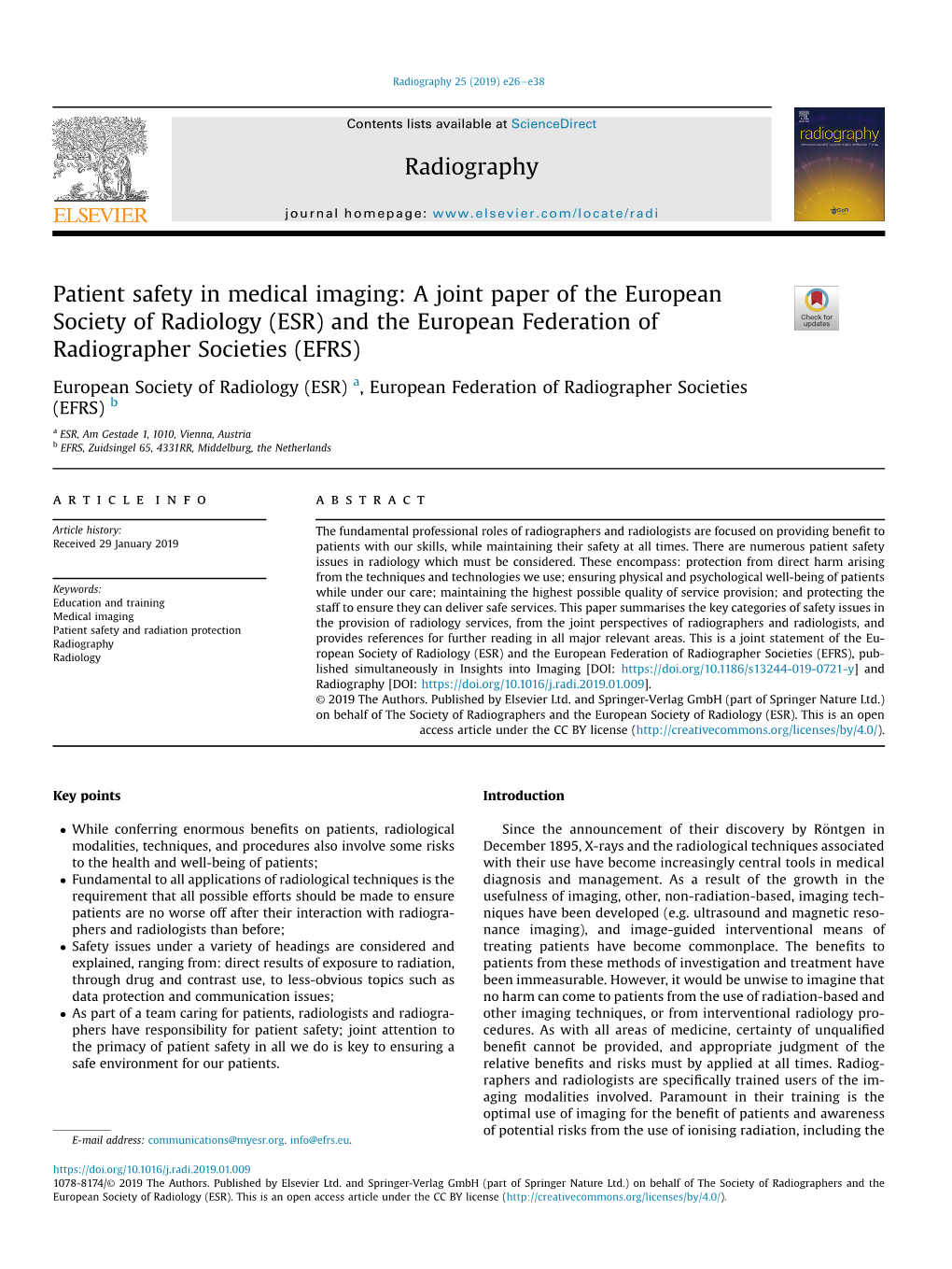 Patient Safety in Medical Imaging: a Joint Paper of the European Society of Radiology (ESR) and the European Federation of Radiographer Societies (EFRS)