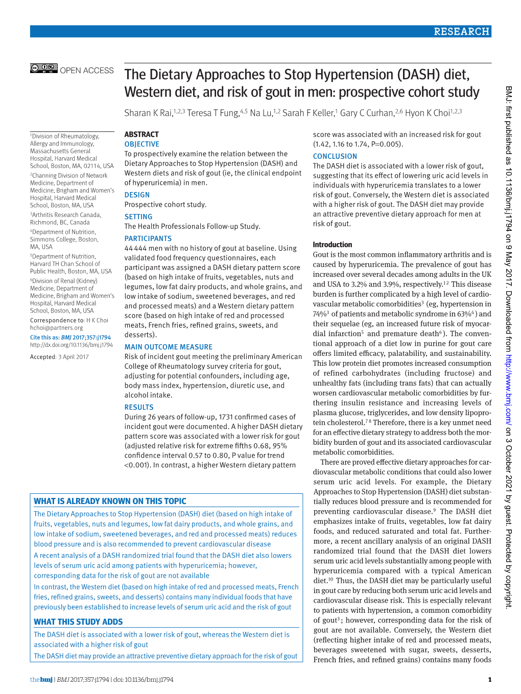 Western Diet, and Risk of Gout in Men: Prospective Cohort Study BMJ: First Published As 10.1136/Bmj.J1794 on 9 May 2017