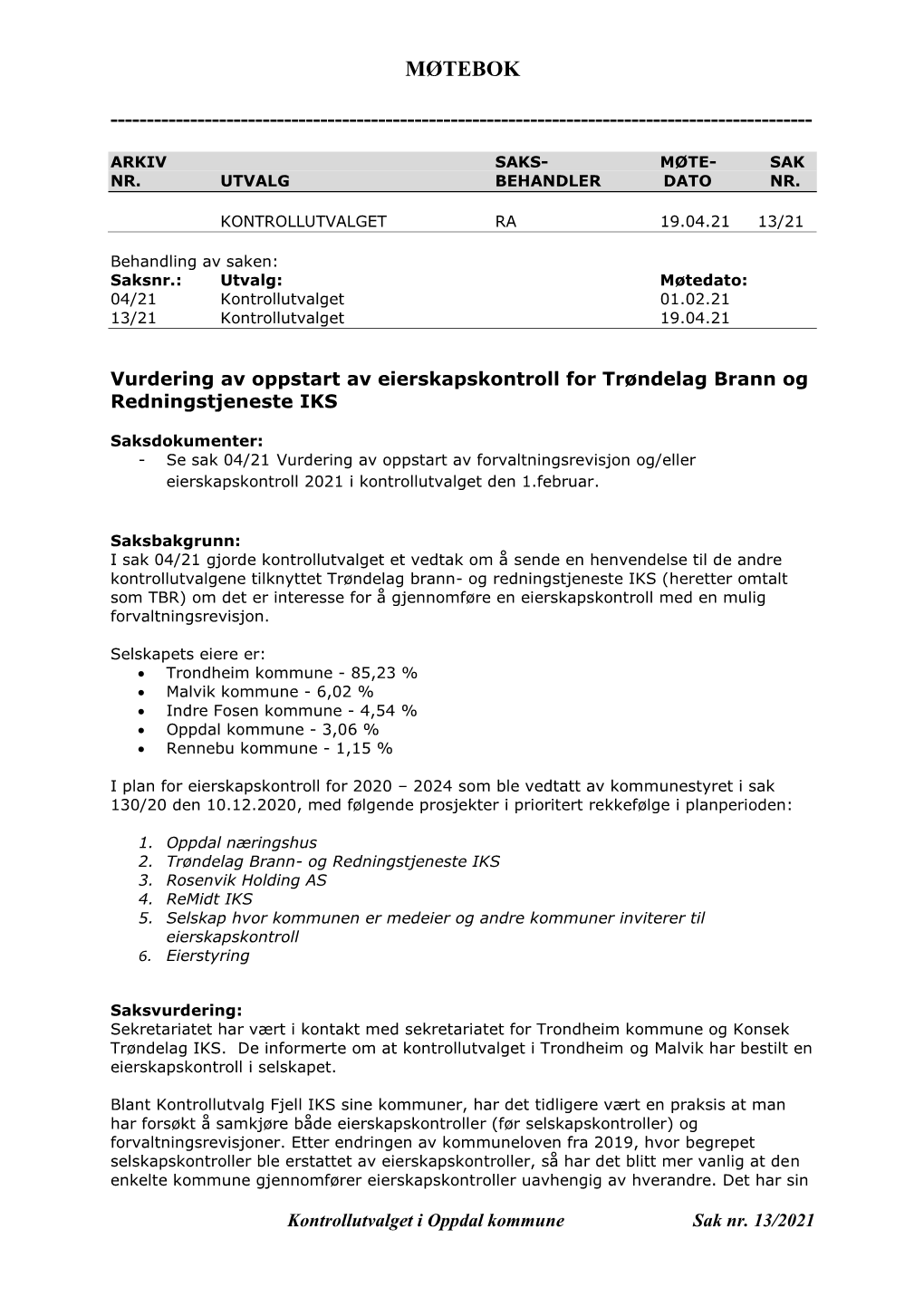 Vurdering Av Oppstart Av Eierskapskontroll for Trøndelag Brann Og Redningstjeneste IKS