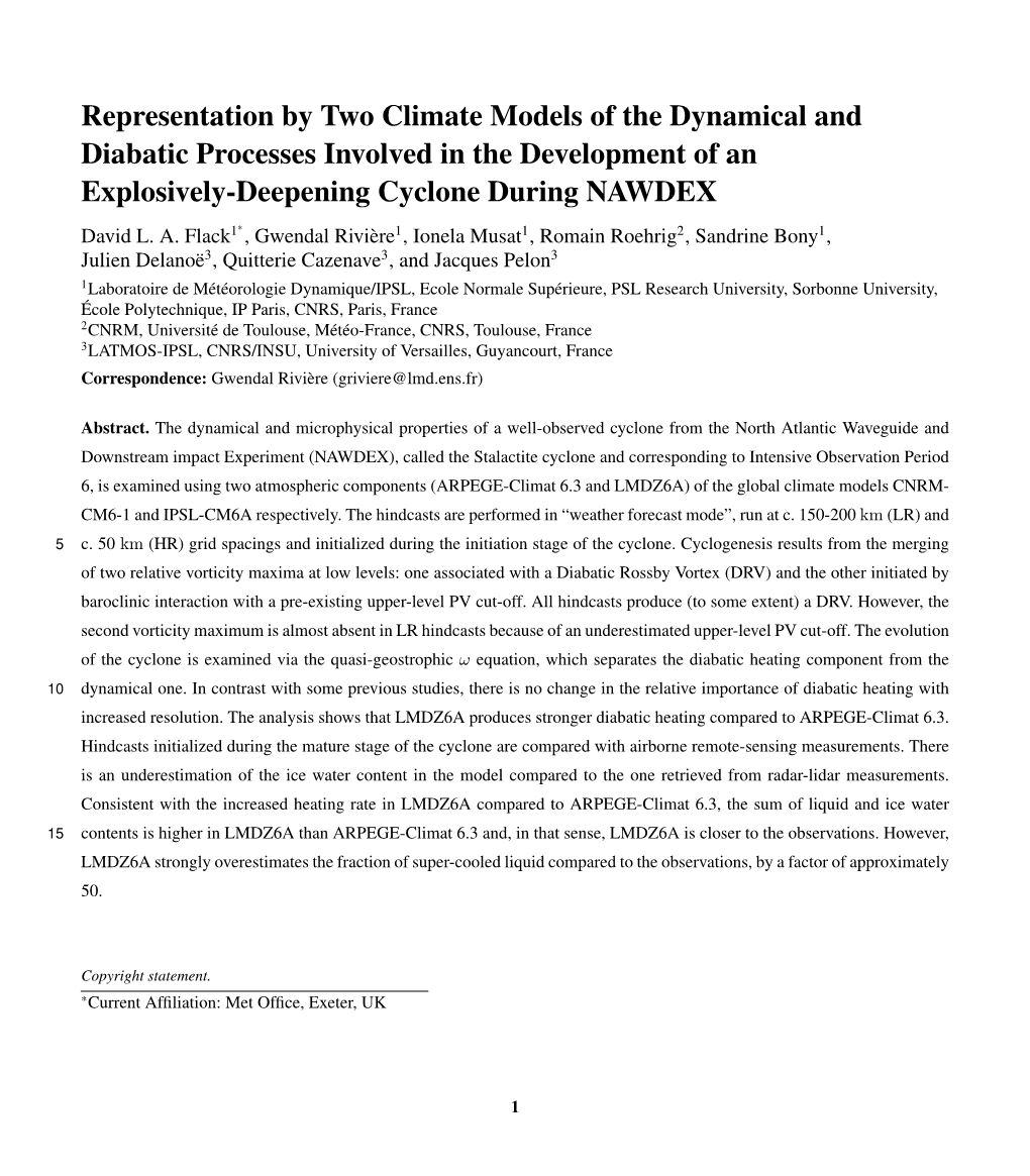 Representation by Two Climate Models of the Dynamical and Diabatic Processes Involved in the Development of an Explosively-Deepening Cyclone During NAWDEX David L