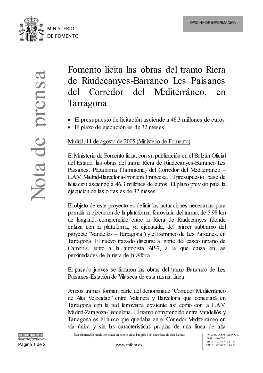 Fomento Licita Las Obras Del Tramo Riera De Riudecanyes-Barranco Les Paisanes Del Corredor Del Mediterráneo, En Tarragona