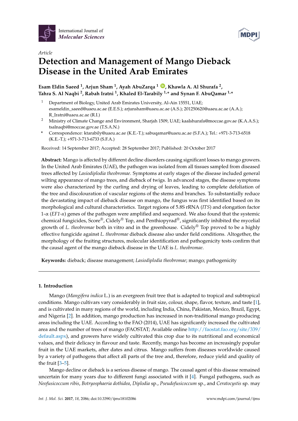 Detection and Management of Mango Dieback Disease in the United Arab Emirates