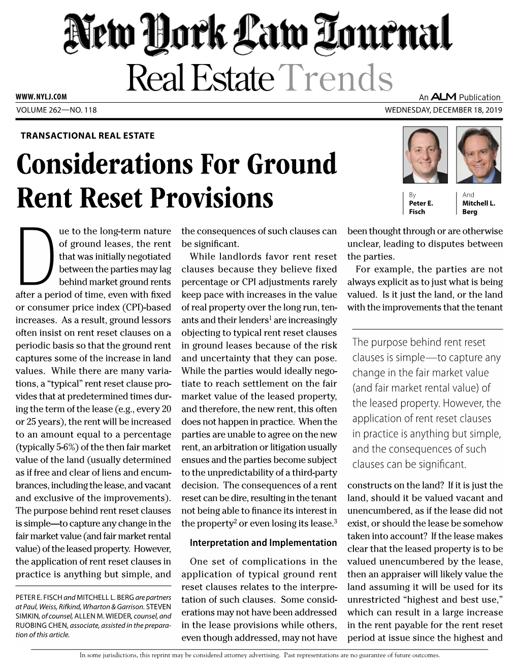Considerations for Ground Rent Reset Provisions
