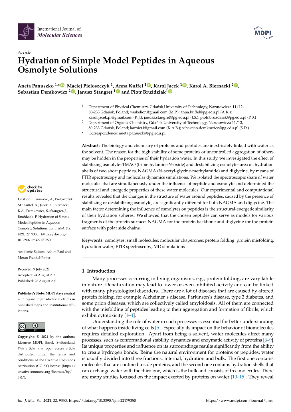 Hydration of Simple Model Peptides in Aqueousosmolyte Solutions
