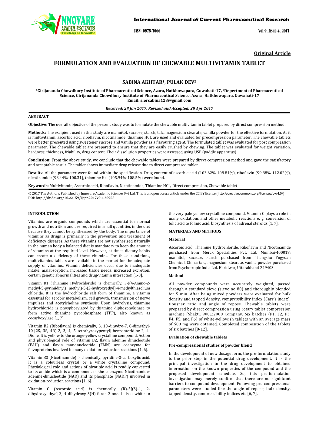 Formulation and Evaluation of Chewable Multivitamin Tablet