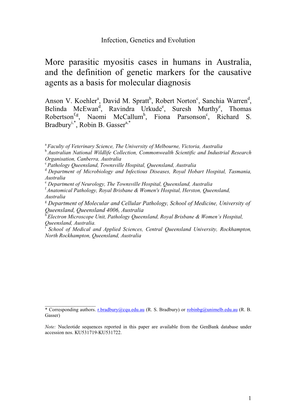 More Parasitic Myositis Cases in Humans in Australia, and the Definition of Genetic Markers for the Causative Agents As a Basis for Molecular Diagnosis