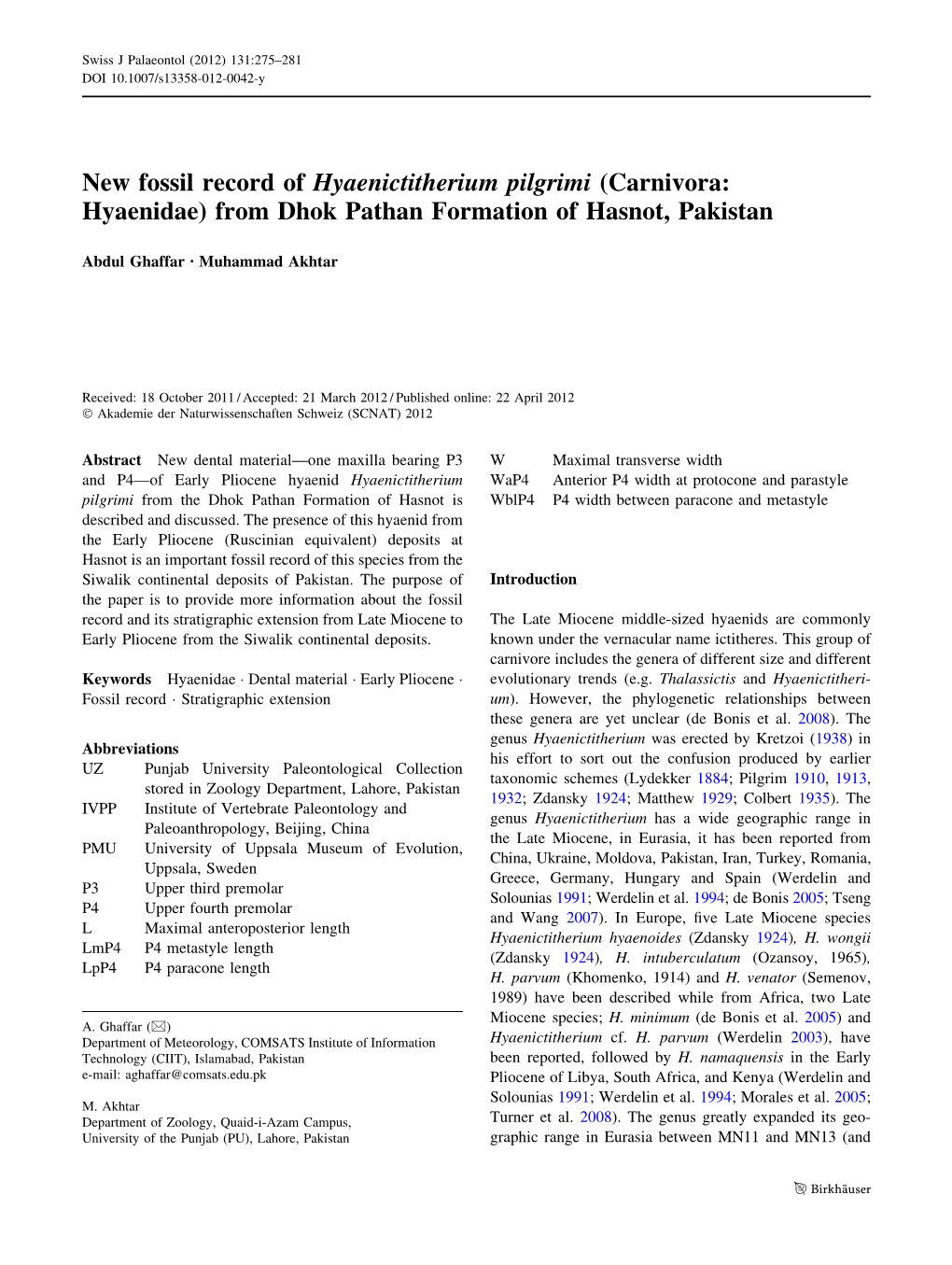 New Fossil Record of Hyaenictitherium Pilgrimi (Carnivora: Hyaenidae) from Dhok Pathan Formation of Hasnot, Pakistan