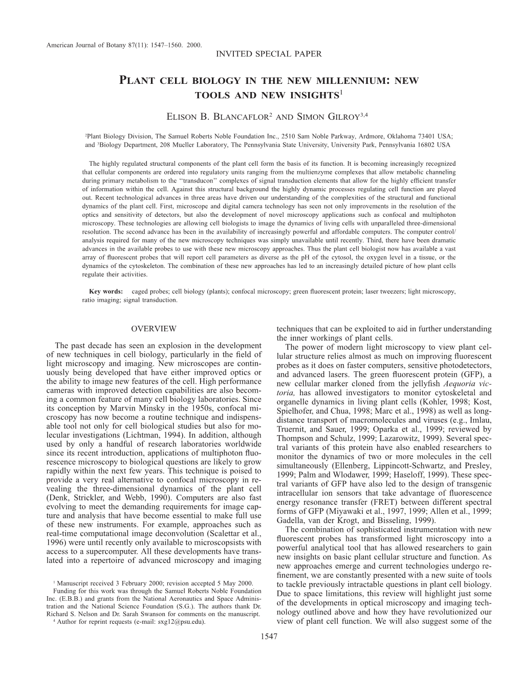 Plant Cell Biology in the New Millennium: New Tools and New Insights1