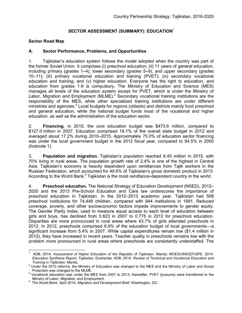 Tajikistan, 2016-2020 SECTOR ASSESSMENT (SUMMARY)