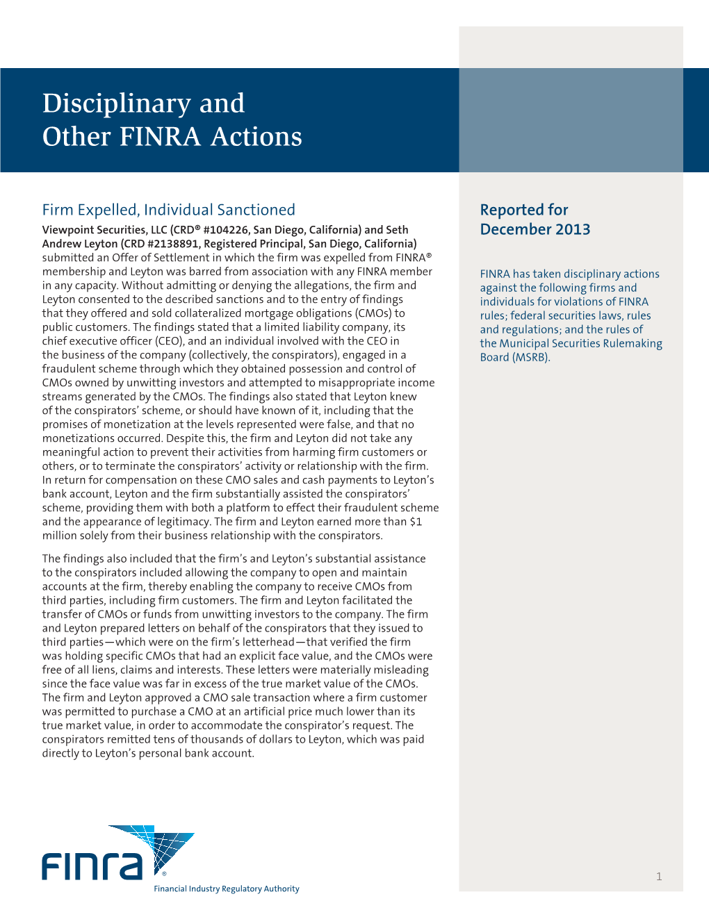 Disciplinary and Other FINRA Actions Reported for December 2013