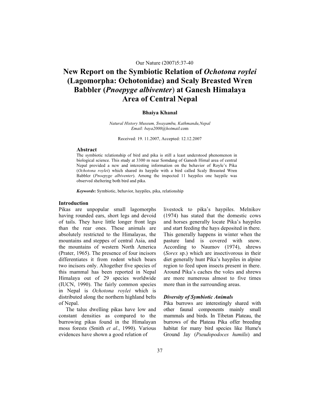 New Report on the Symbiotic Relation of Ochotona Roylei (Lagomorpha