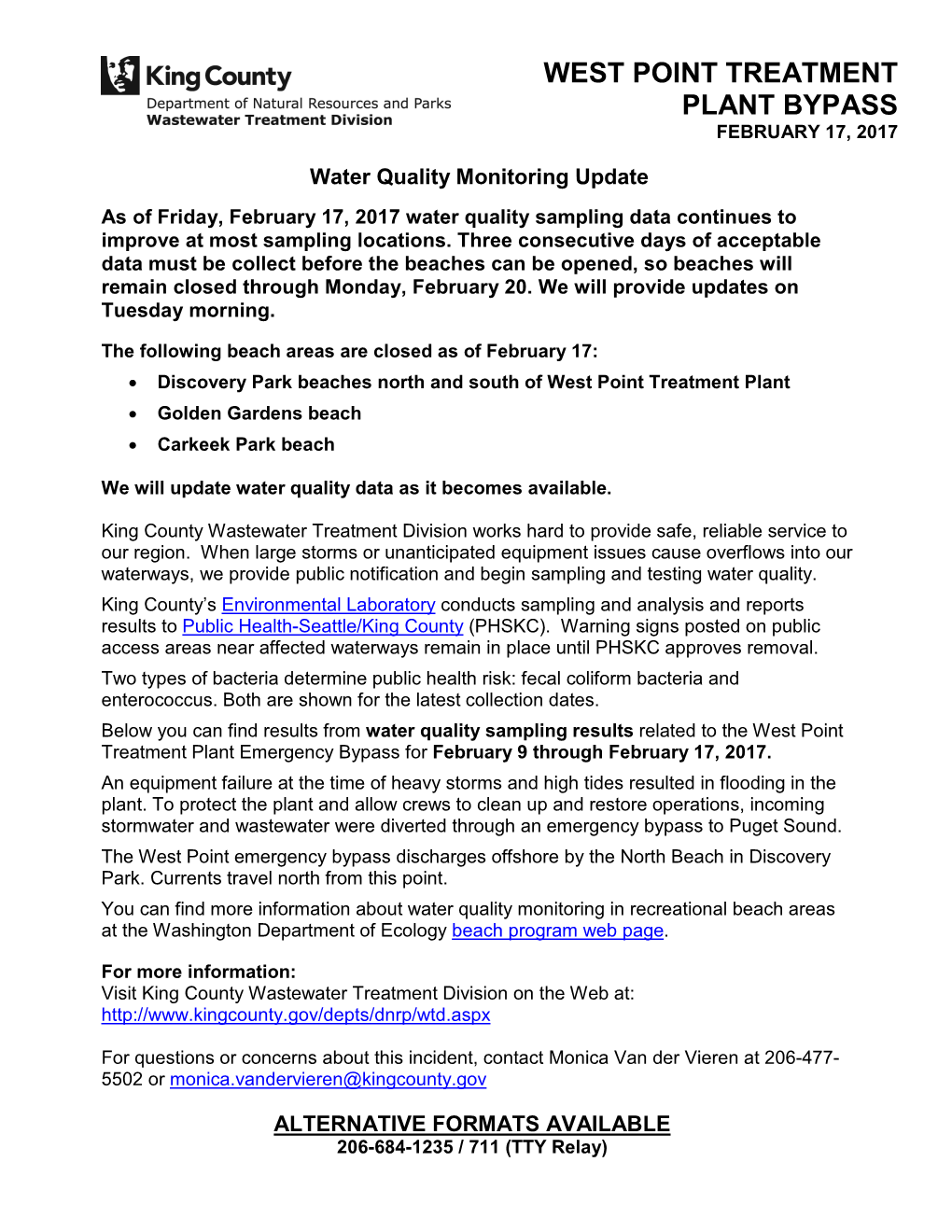 Water Quality Monitoring Update