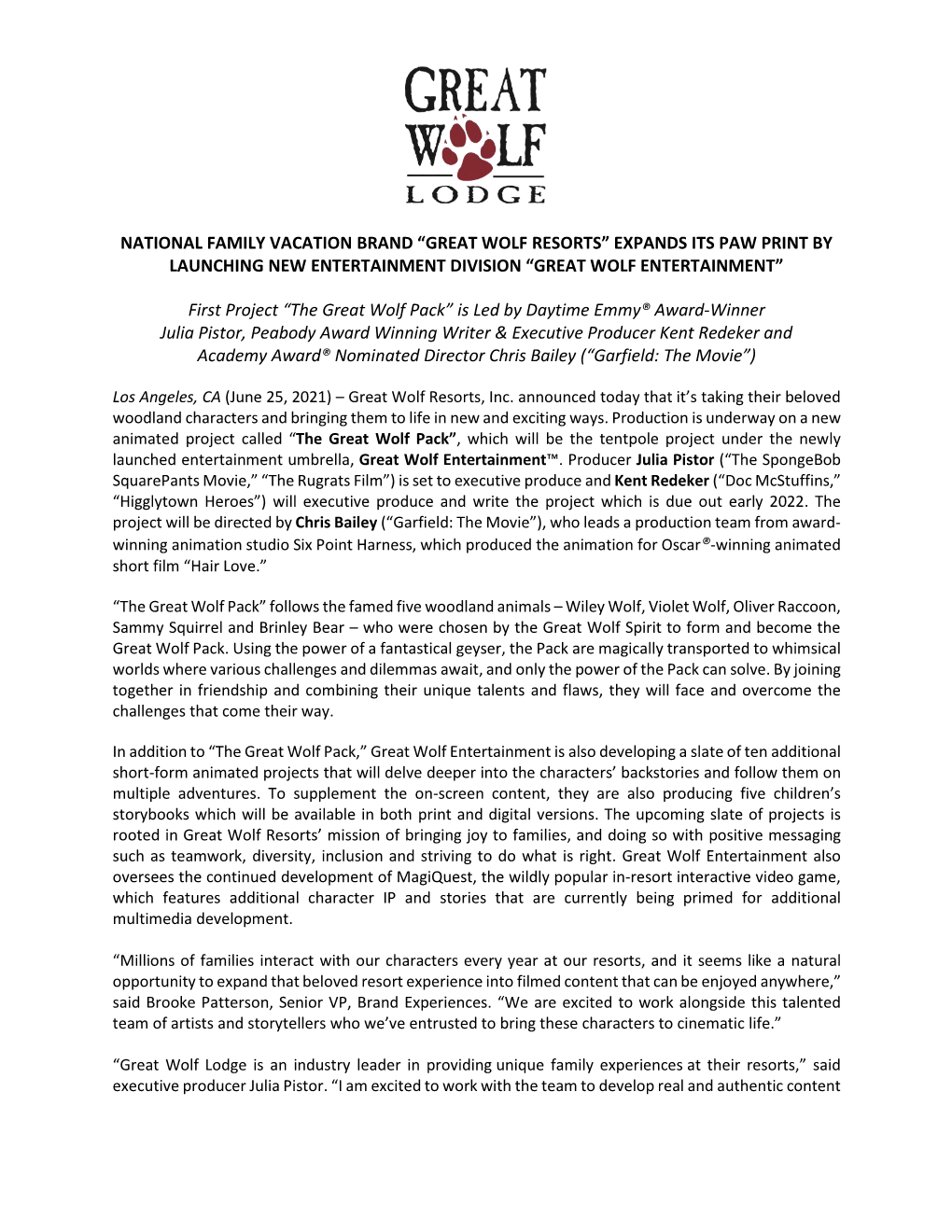 Great Wolf Lodge Entertainment Press Release 6/25/2021