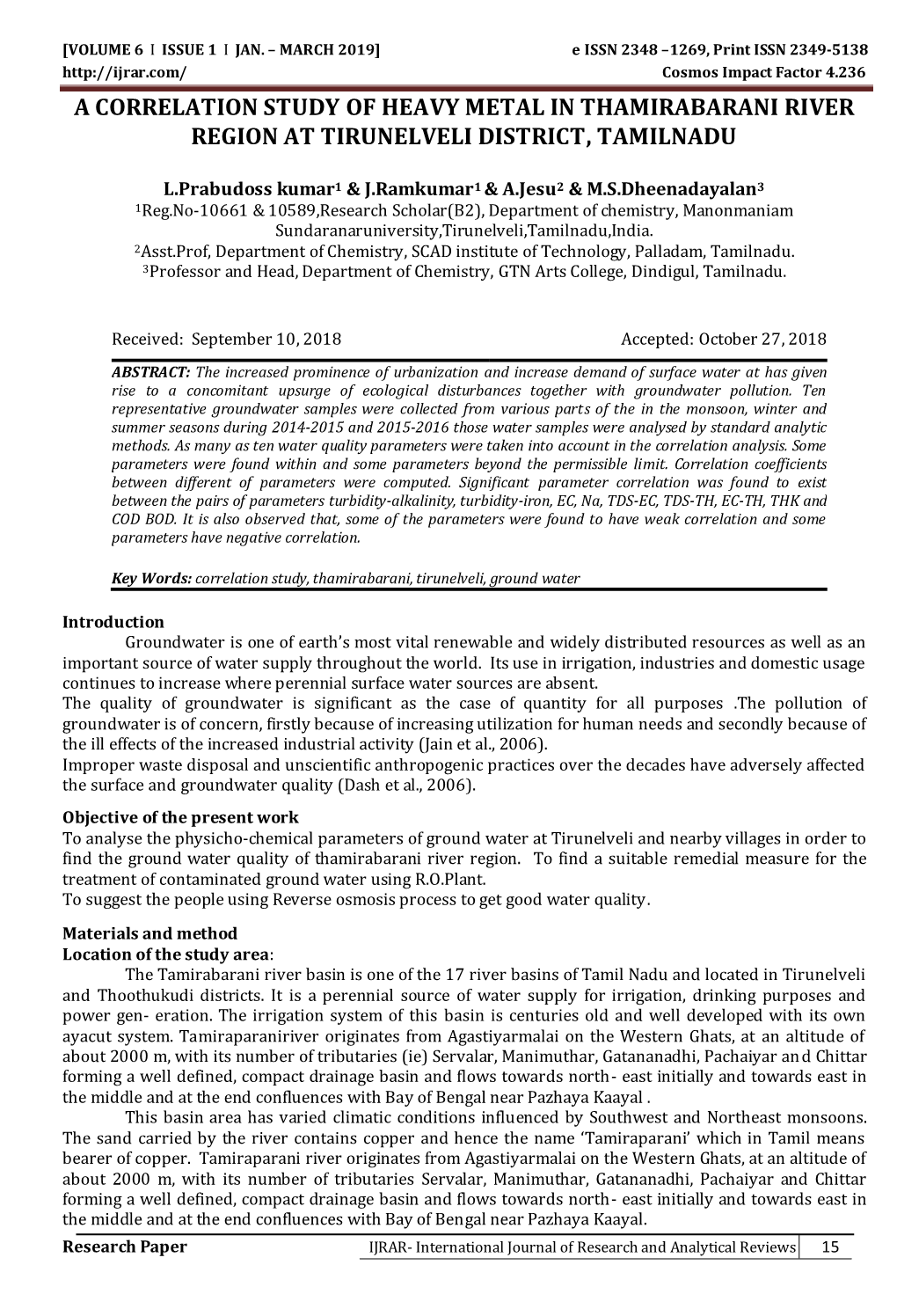 A Correlation Study of Heavy Metal in Thamirabarani River Region at Tirunelveli District, Tamilnadu