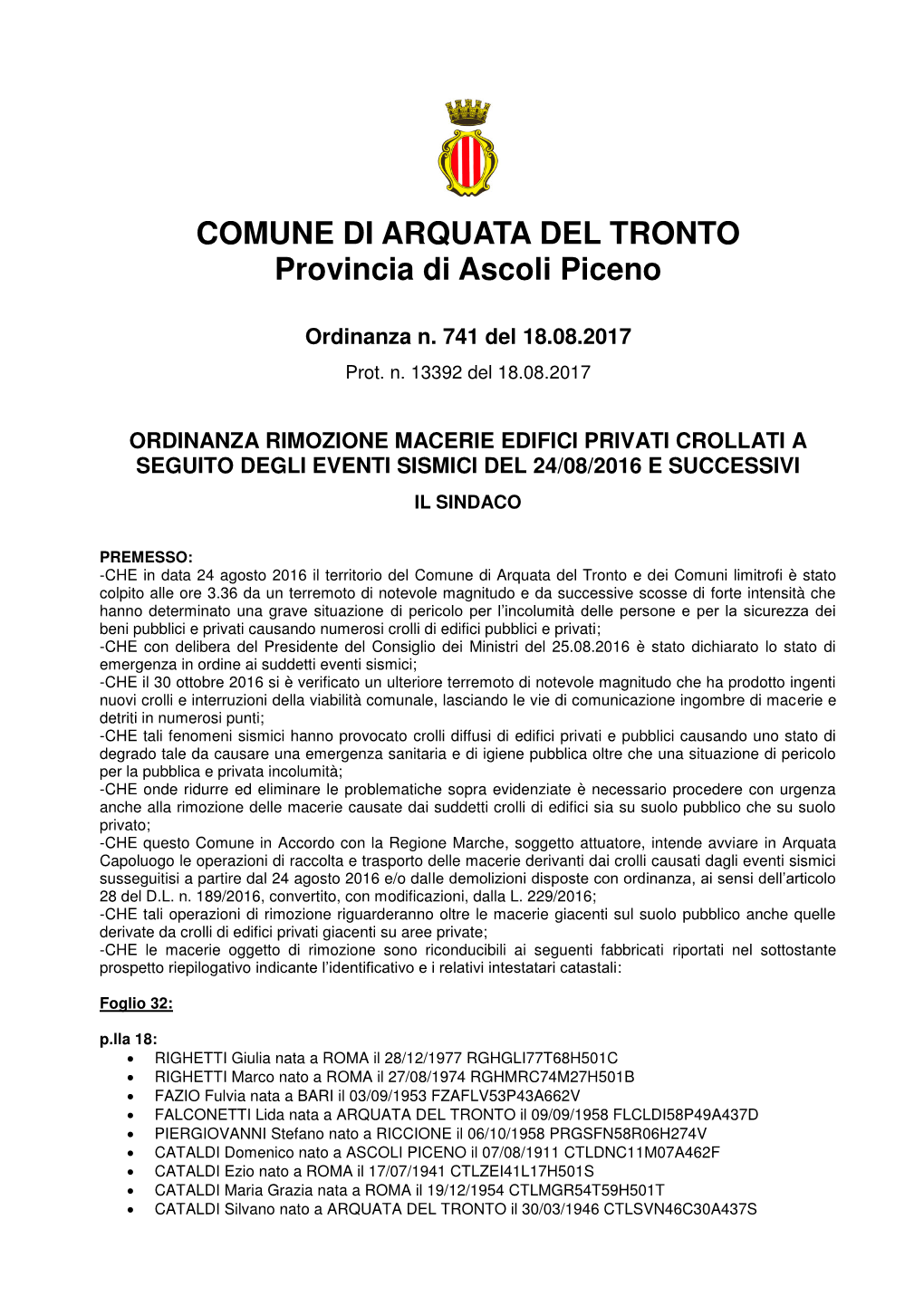 COMUNE DI ARQUATA DEL TRONTO Provincia Di Ascoli Piceno