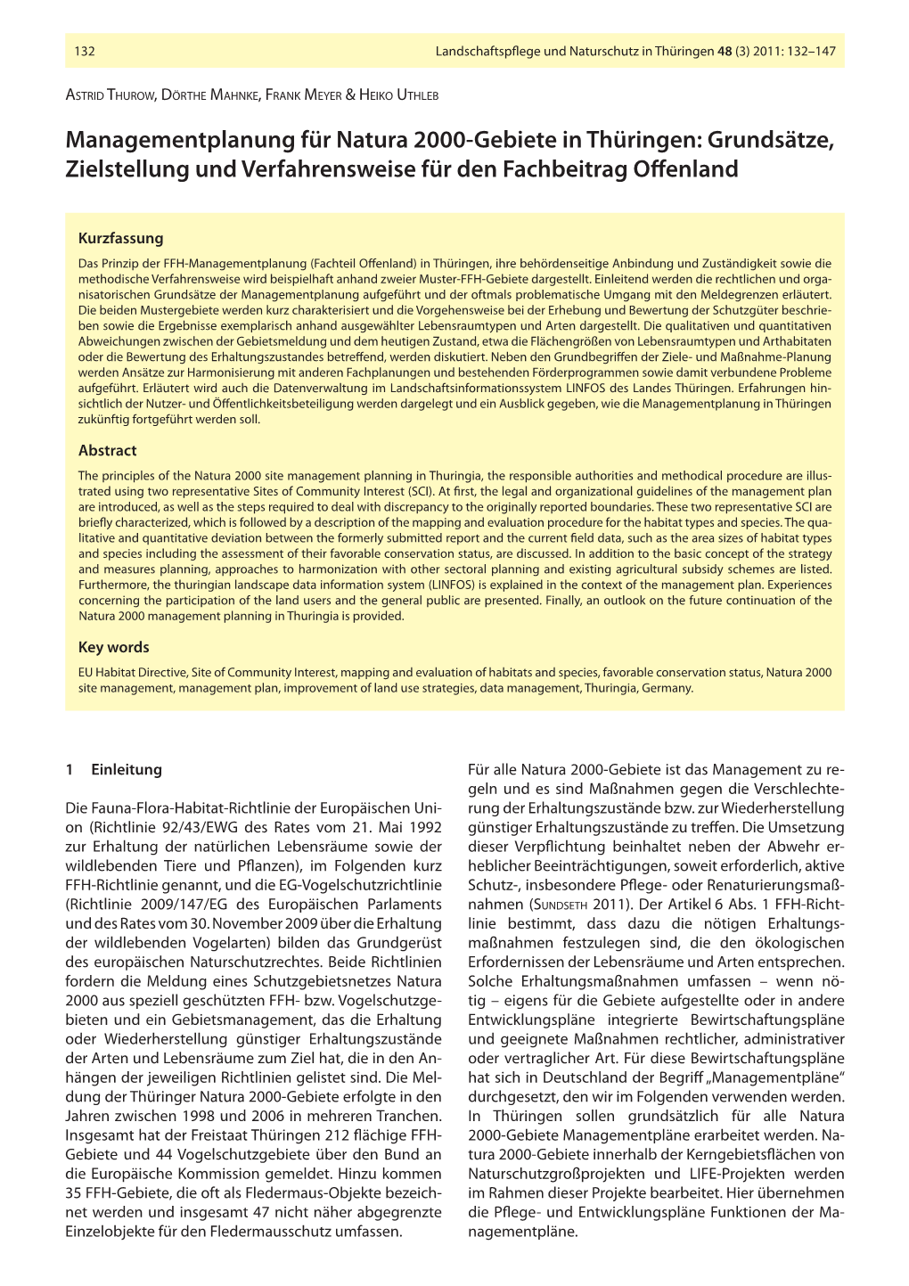 Managementplanung Für Natura 2000-Gebiete in Thüringen: Grundsätze, Zielstellung Und Verfahrensweise Für Den Fachbeitrag OEnland