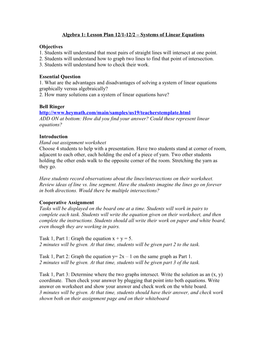 Algebra 1: Lesson Plan 12/1-12/2 Systems of Linear Equations