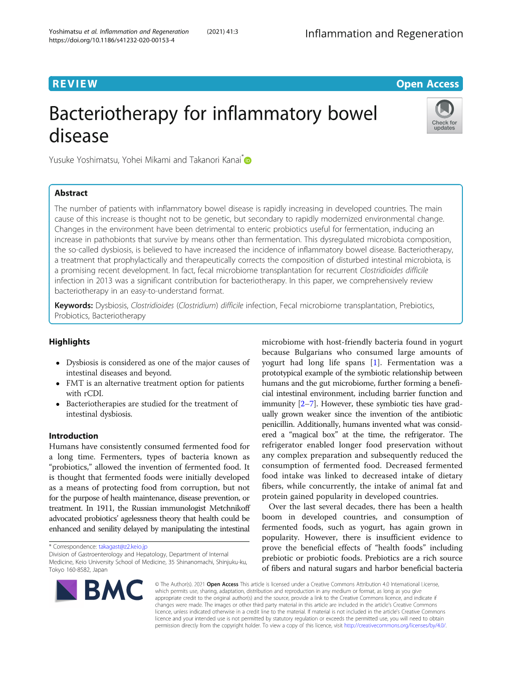 Bacteriotherapy for Inflammatory Bowel Disease Yusuke Yoshimatsu, Yohei Mikami and Takanori Kanai*