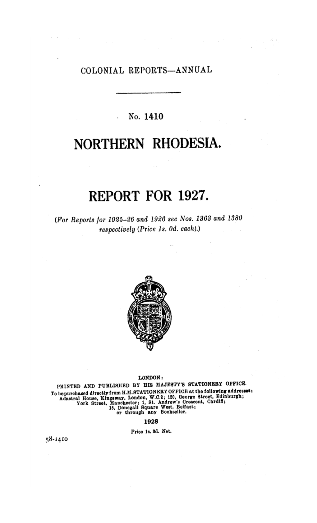 Annual Report of the Colonies, Northern Rhodesia, 1927