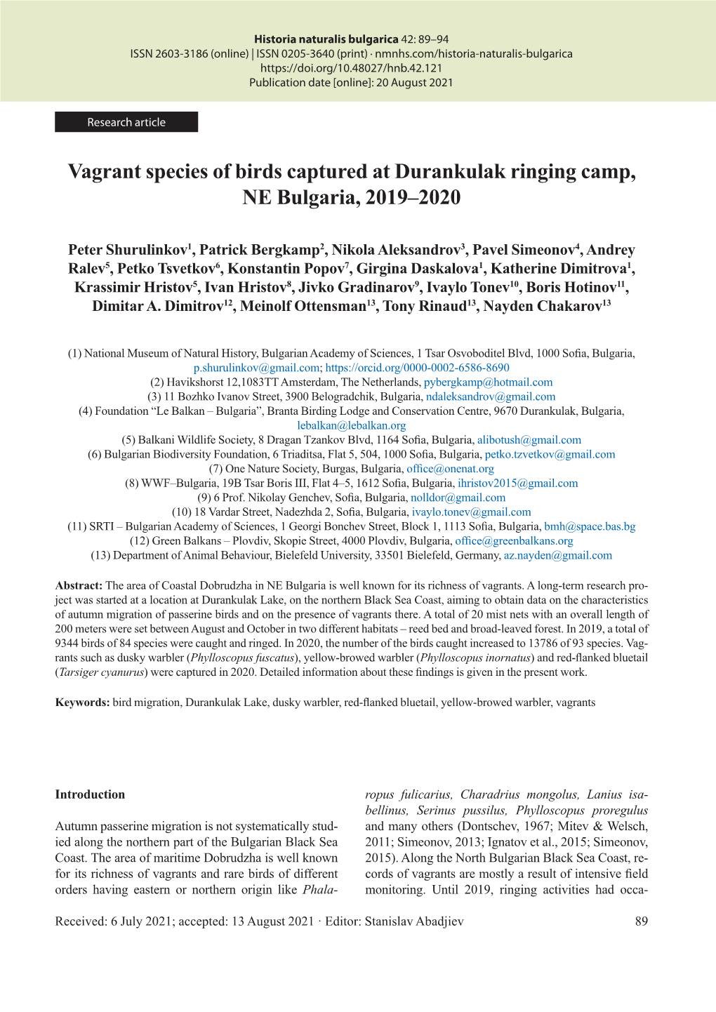 Vagrant Species of Birds Captured at Durankulak Ringing Camp,…