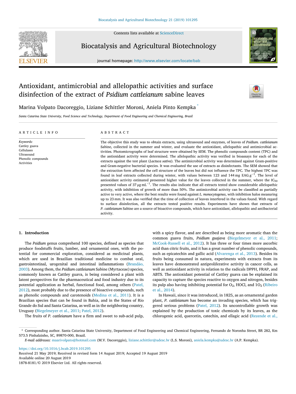 Antioxidant, Antimicrobial and Allelopathic Activities and Surface Disinfection of the Extract of Psidium Cattleianum Sabine Leaves