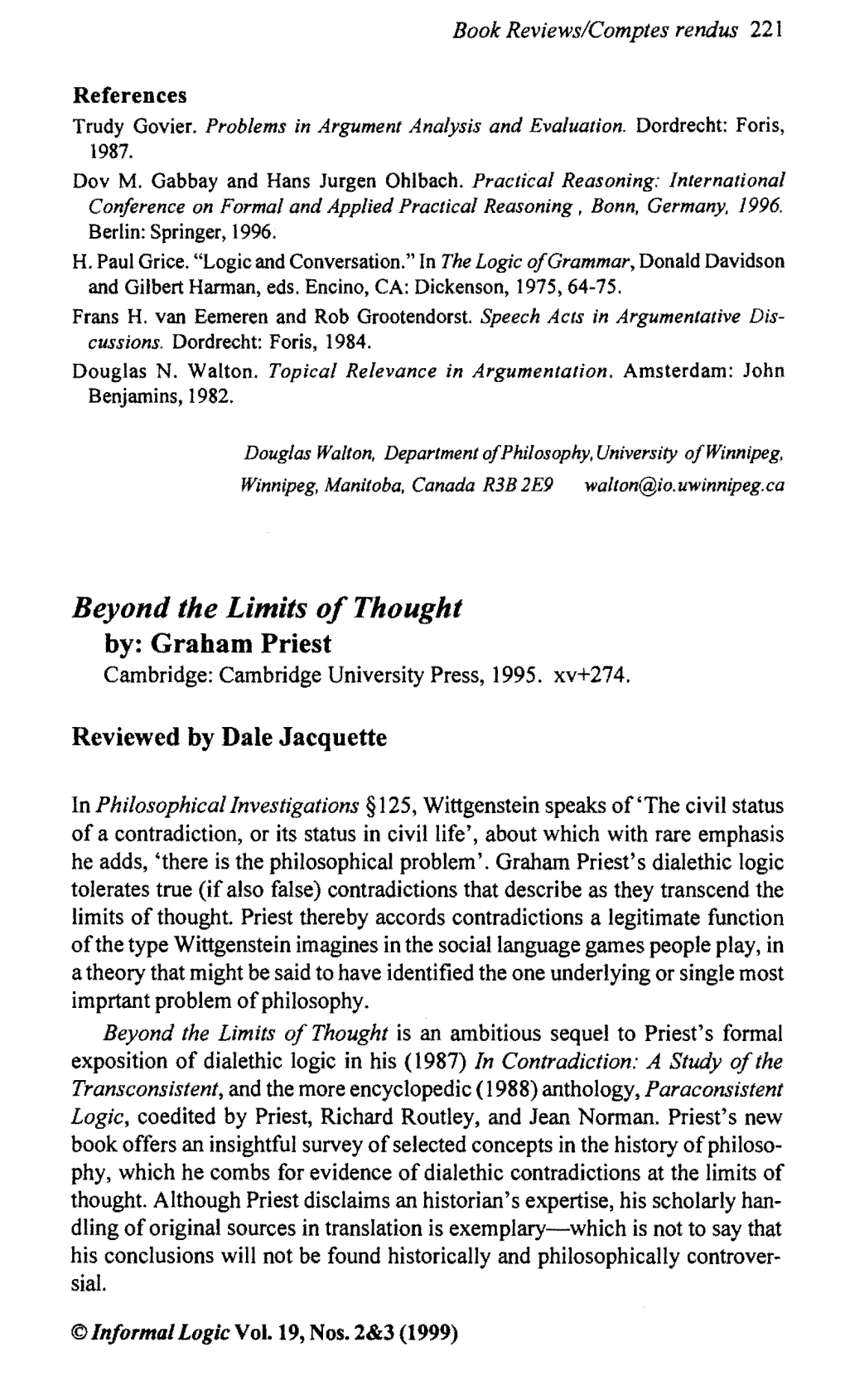 Beyond the Limits of Thought By: Graham Priest Cambridge: Cambridge University Press, 1995