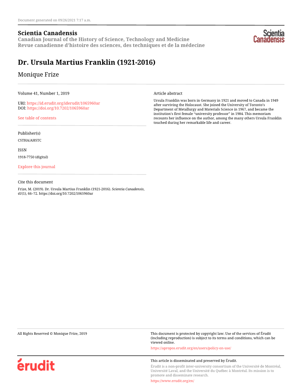 Dr. Ursula Martius Franklin (1921-2016) Monique Frize