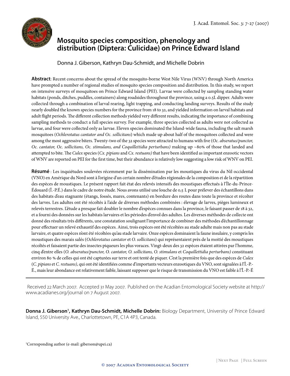 Mosquito Species Composition, Phenology and Distribution (Diptera: Culicidae) on Prince Edward Island