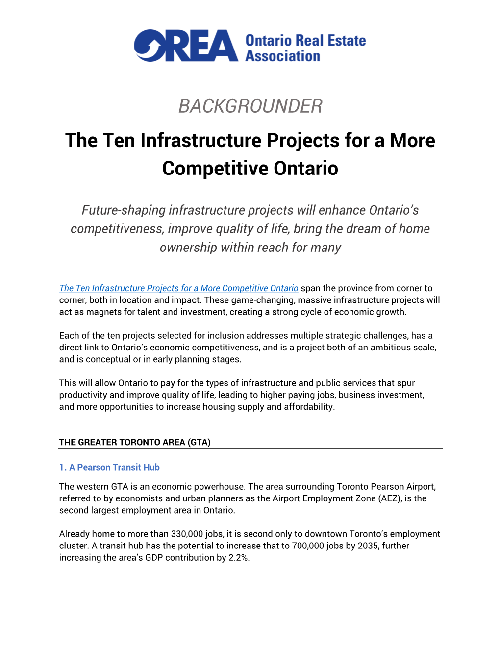 BACKGROUNDER the Ten Infrastructure Projects for a More Competitive Ontario