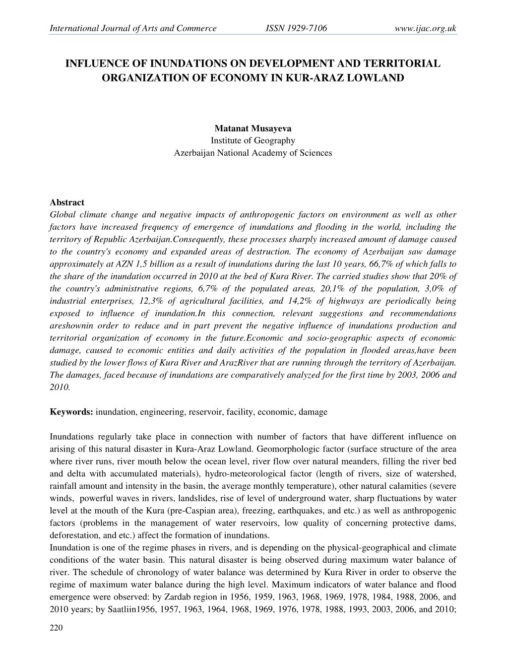 Influence of Inundations on Development and Territorial Organization of Economy in Kur-Araz Lowland