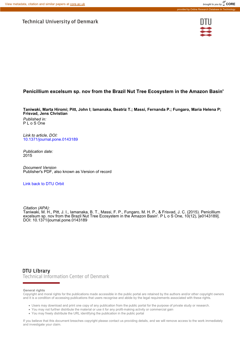 Penicillium Excelsum Sp. Nov from the Brazil Nut Tree Ecosystem in the Amazon Basin'