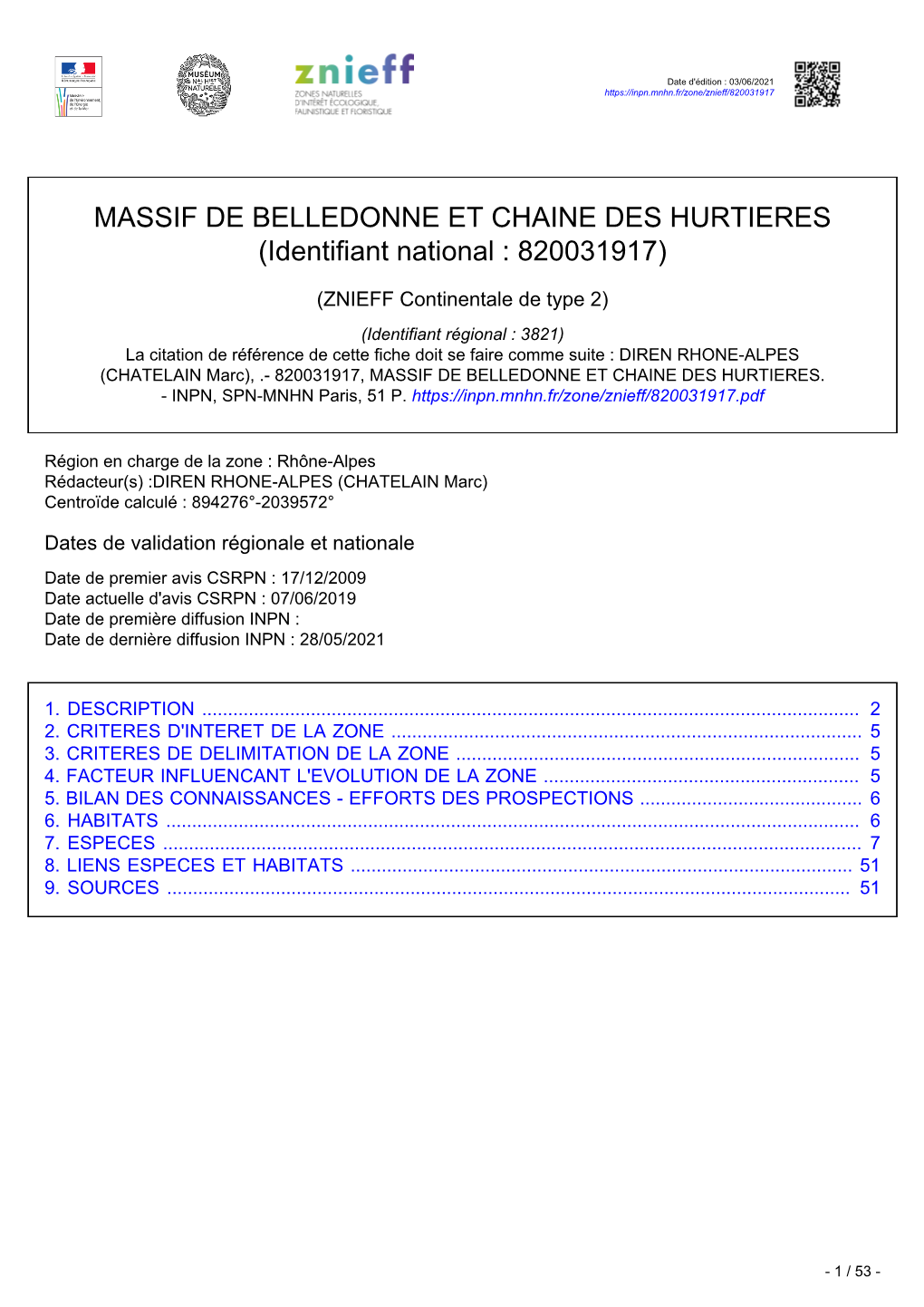 MASSIF DE BELLEDONNE ET CHAINE DES HURTIERES (Identifiant National : 820031917)