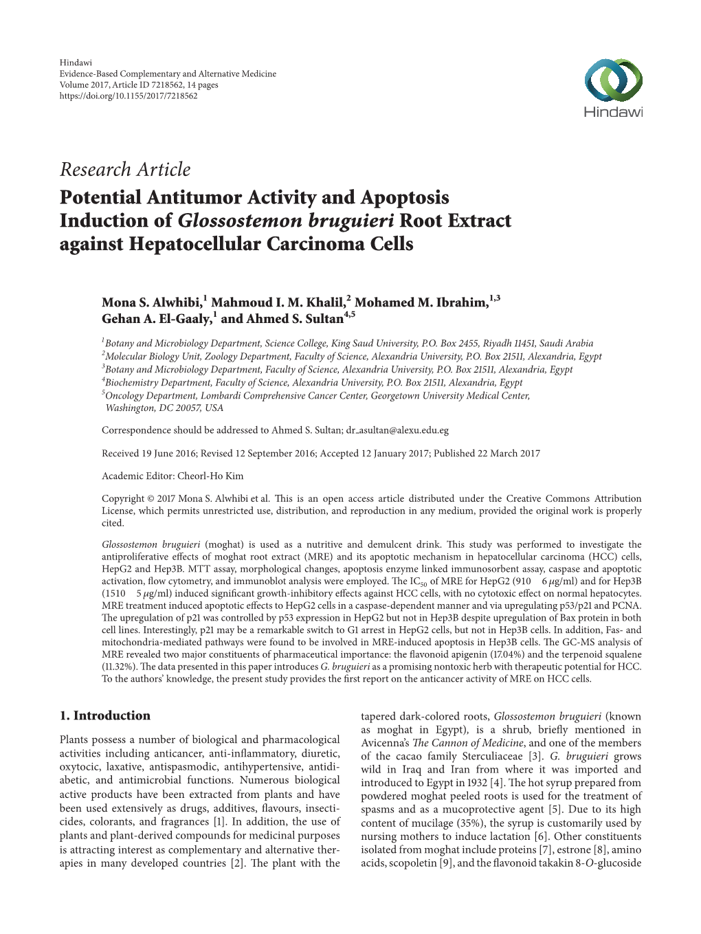 Potential Antitumor Activity and Apoptosis Induction of Glossostemon Bruguieri Root Extract Against Hepatocellular Carcinoma Cells