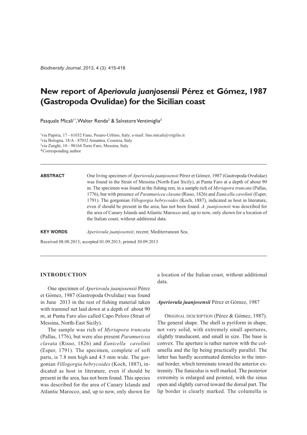 New Report of Aperiovula Juanjosensii Pérez Et Gómez, 1987 (Gastropoda Ovulidae) for the Sicilian Coast