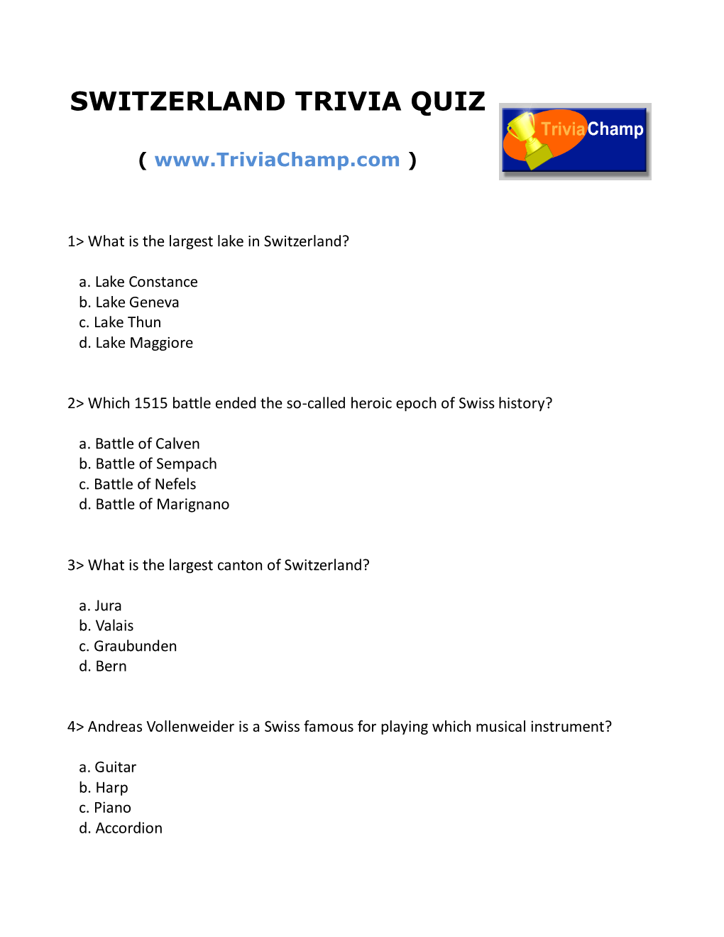 Switzerland Trivia Quiz