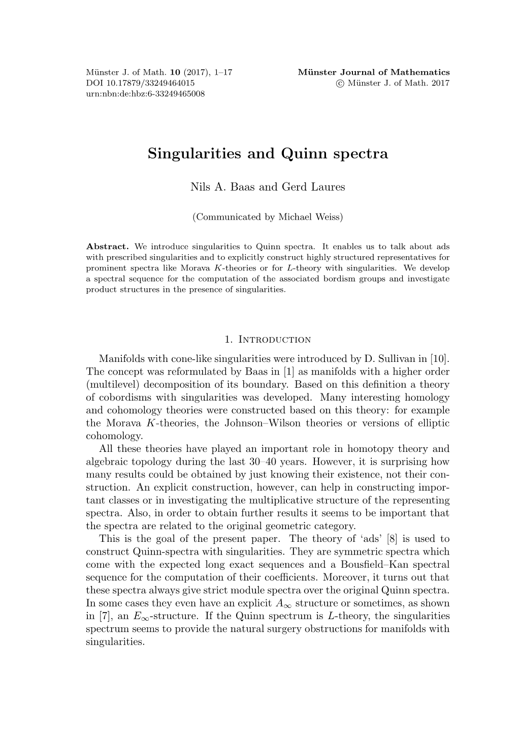 Singularities and Quinn Spectra