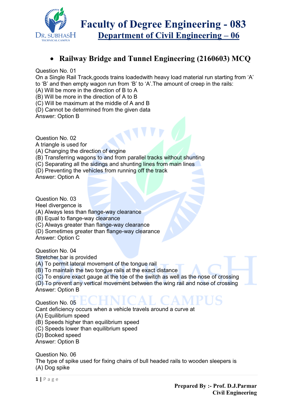 Faculty of Degree Engineering - 083 Department of Civil Engineering – 06