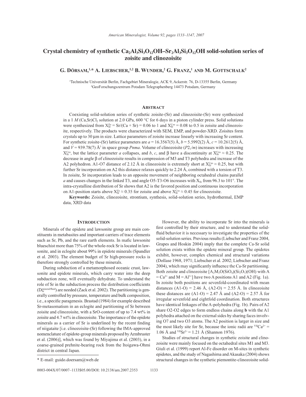 Crystal Chemistry of Synthetic Ca2al3si3o12oh–Sr2al3si3o12oh Solid-Solution Series of Zoisite and Clinozoisite