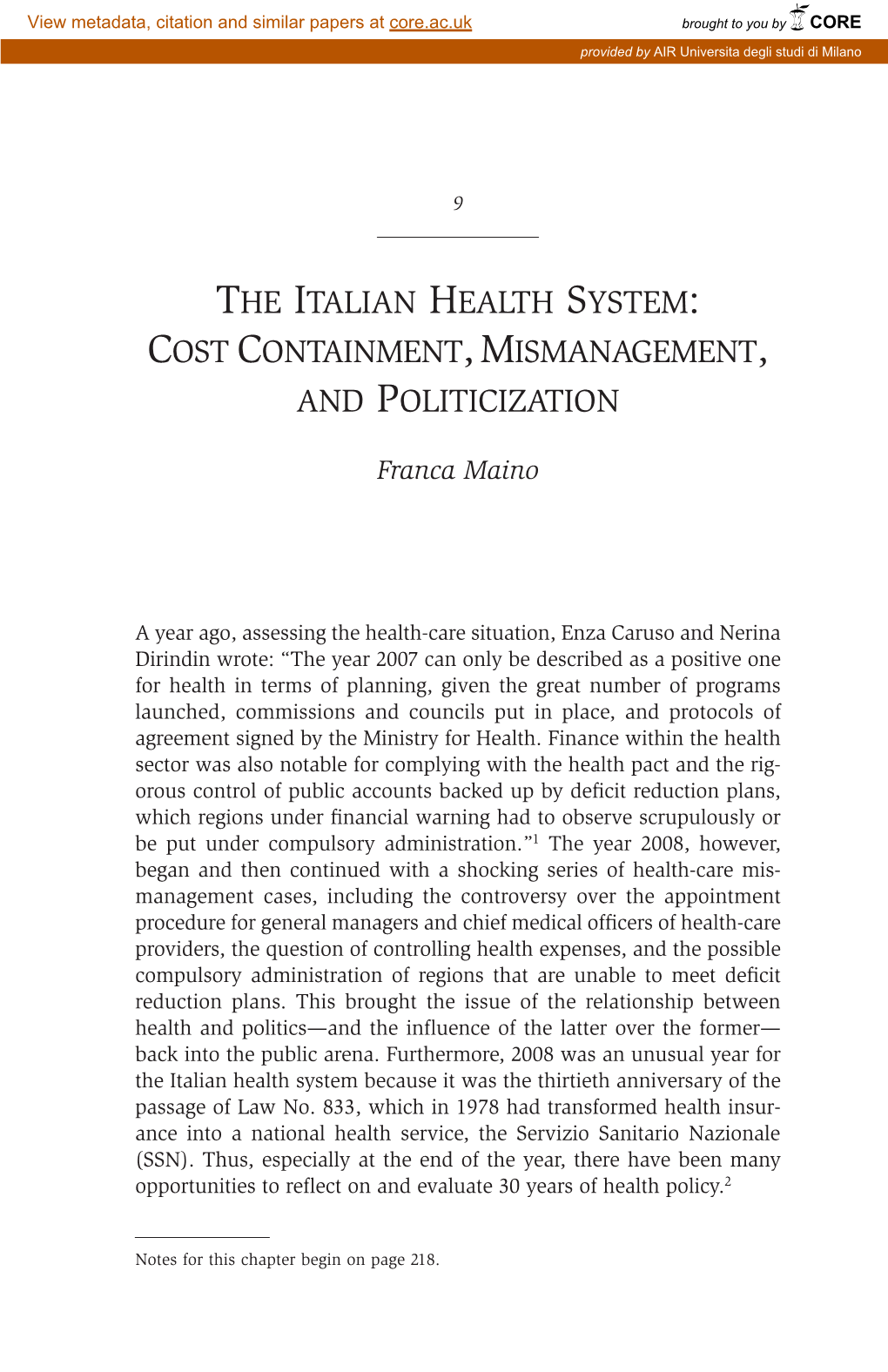 The Italian Health System: Cost Containment, Mismanagement, and Politicization