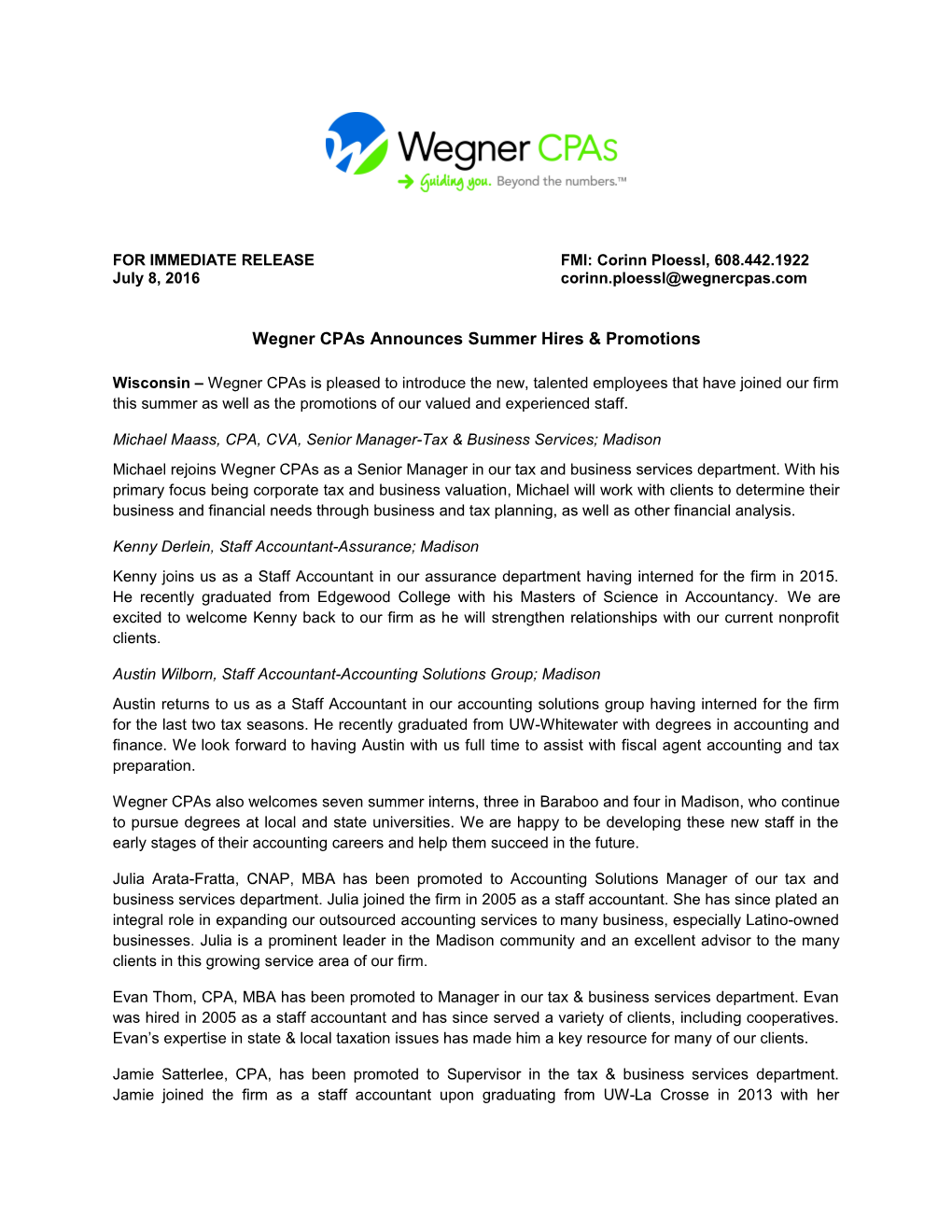 Wegner Cpas Announces Summer Hires & Promotions