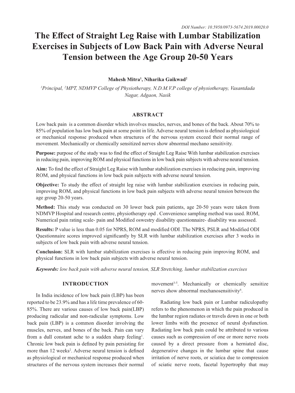 The Effect of Straight Leg Raise with Lumbar Stabilization Exercises in Subjects of Low Back Pain with Adverse Neural Tension Between the Age Group 20-50 Years