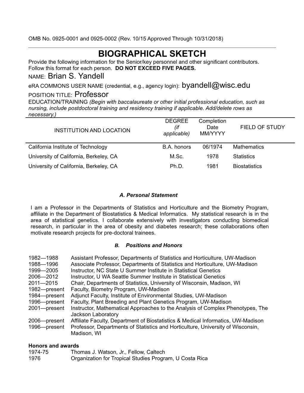 OMB No. 0925-0046, Biographical Sketch Format Page s1