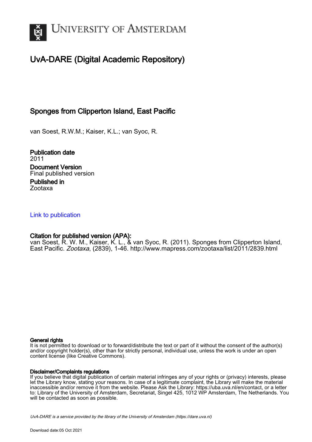 Sponges from Clipperton Island, East Pacific Van Soest, R.W.M.; Kaiser, K.L.; Van Syoc, R