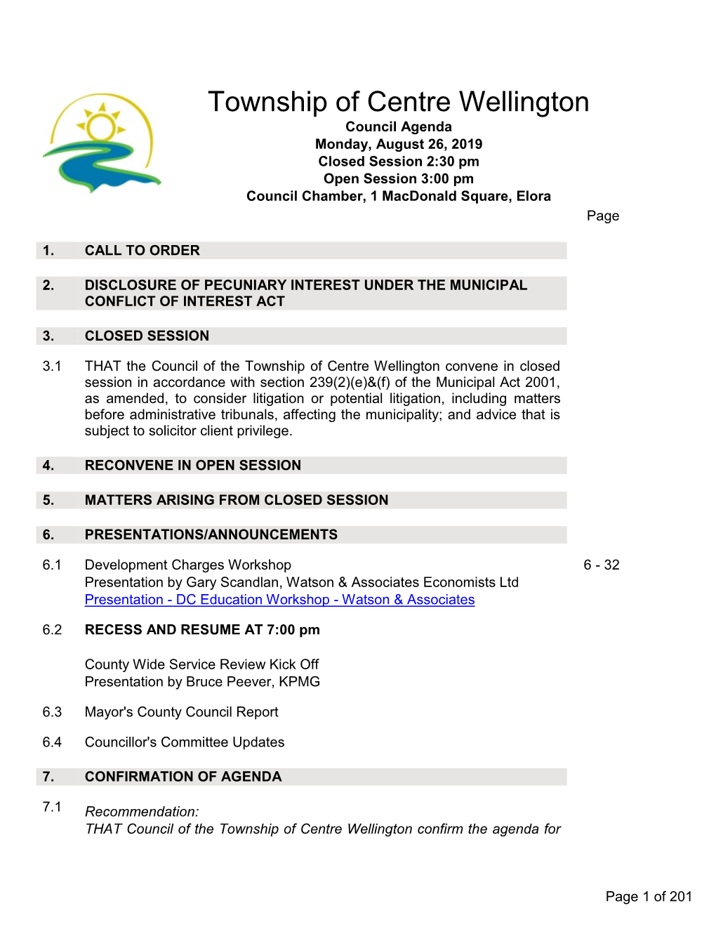 Council Agenda Monday, August 26, 2019 Closed Session 2:30 Pm Open Session 3:00 Pm